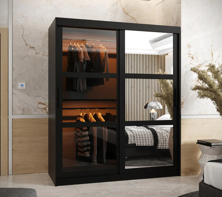 Parma II Sliding Door Wardrobe with Shelves -Black Matt
