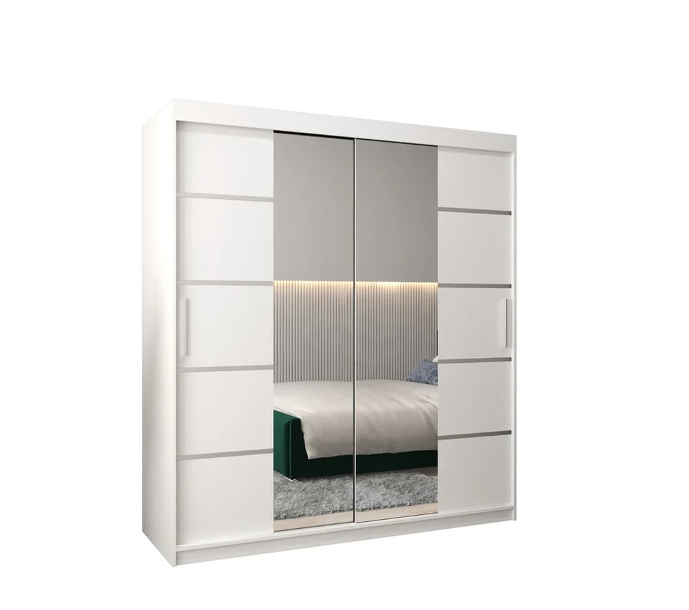 Verona 04 Contemporary 2 Mirrored Sliding Door Wardrobe 9 Shelves 2 Rails White Matt