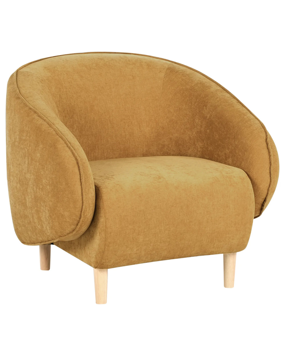 Mustard yellow armchair with wooden legs on a white background