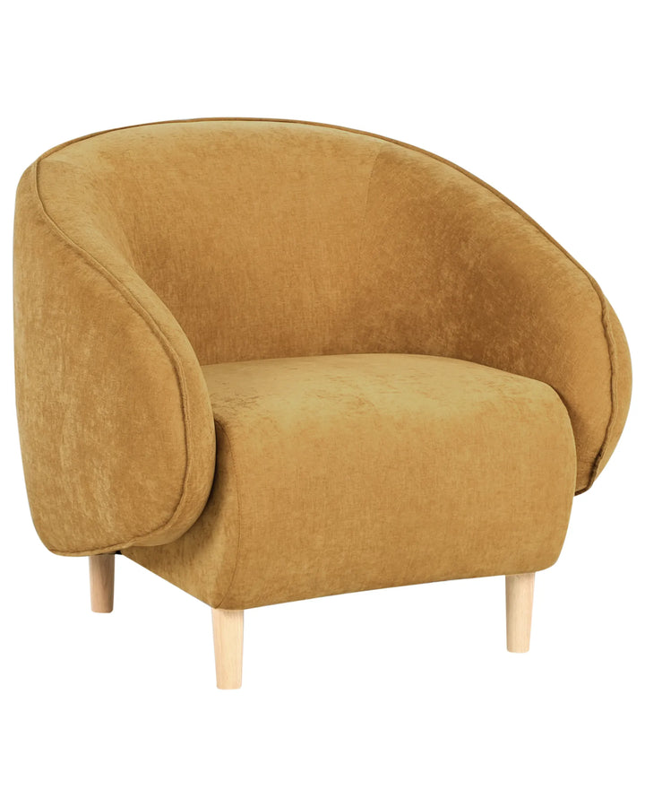 Mustard yellow armchair with wooden legs on a white background