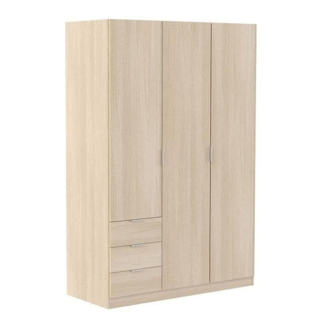 Beige wardrobe with two doors and three drawers on a white background