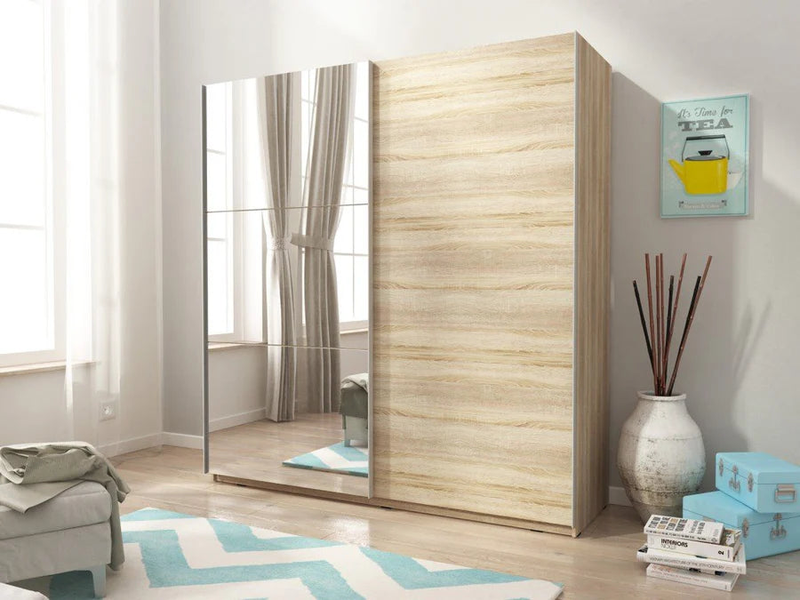 Mika 2 Contemporary Sliding 2 Door Wardrobe 1 Mirror 4 Shelves 1 Hanging Rail White Oak Effect