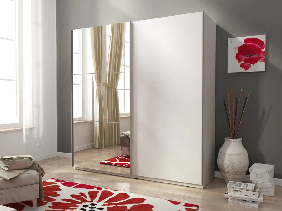 Mika 2 Contemporary Sliding 2 Door Wardrobe 1 Mirror 4 Shelves 1 Hanging Rail White Oak Effect