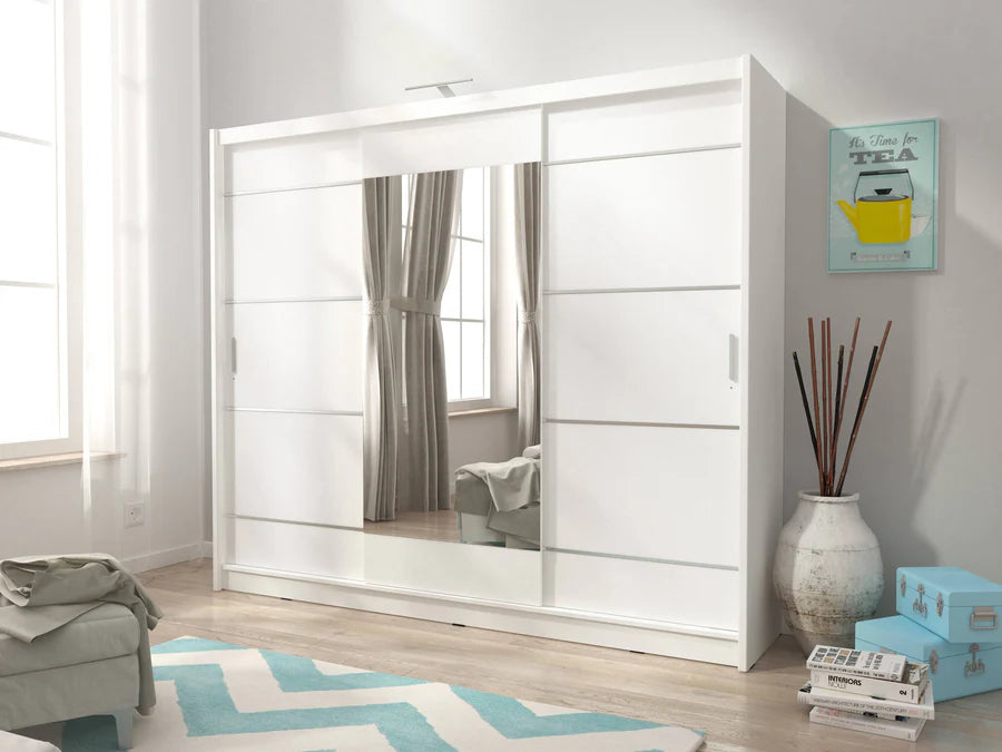 Wiki Alu Contemporary 3 Sliding Door Wardrobe Mirrored 9 Shelves 1 Hanging Rail White Matt with LED