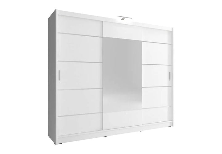 Wiki Alu Contemporary 3 Sliding Door Wardrobe Mirrored 9 Shelves 1 Hanging Rail White Matt with LED