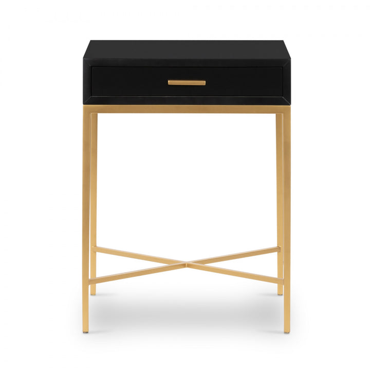 Black side table with a drawer and wooden legs on a white background