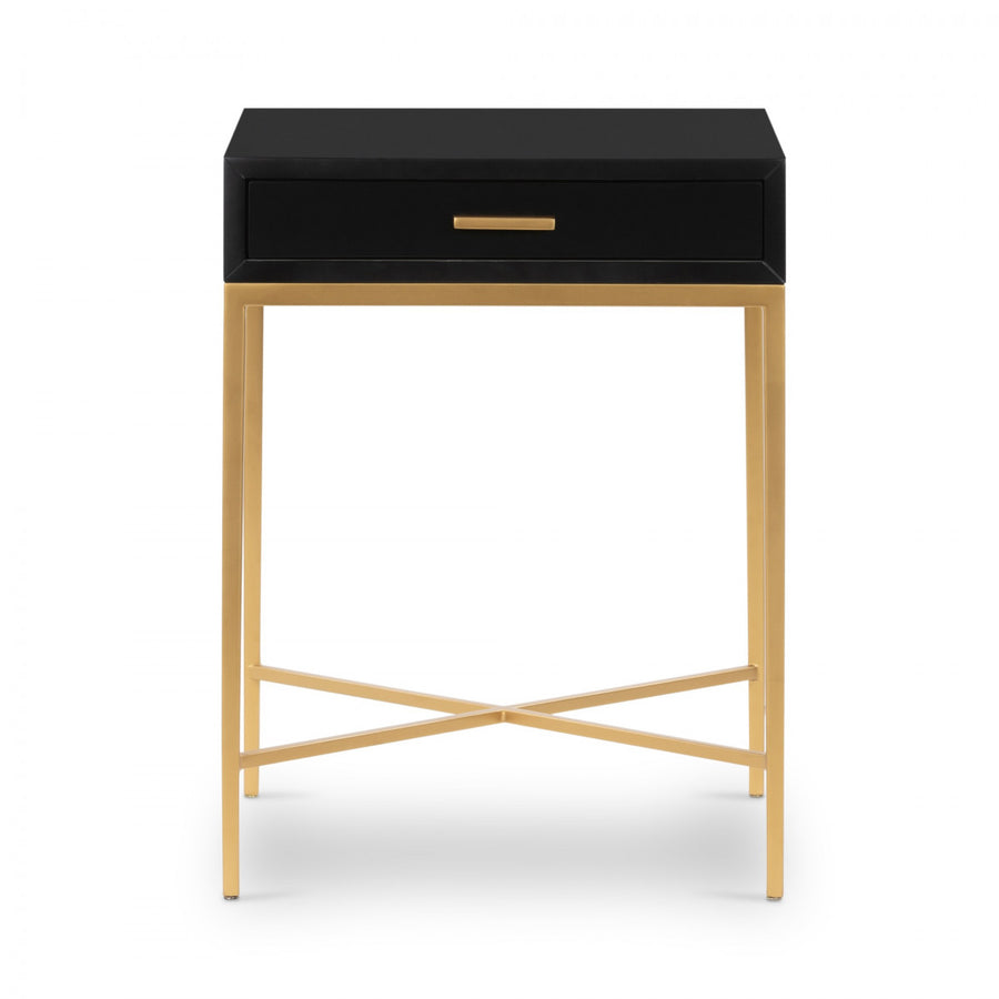 Black side table with a drawer and wooden legs on a white background