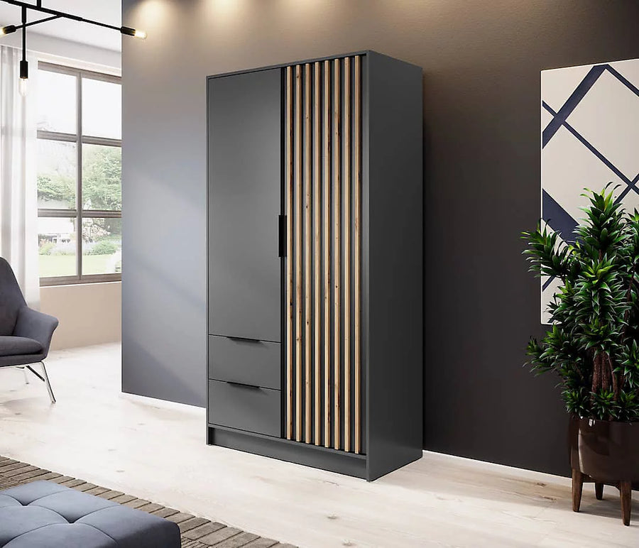 Nelly Contemporary Hinged 2 Door Wardrobe Graphite 2 Drawers 4 Shelves 1 Hanging Rail Lamela Decor