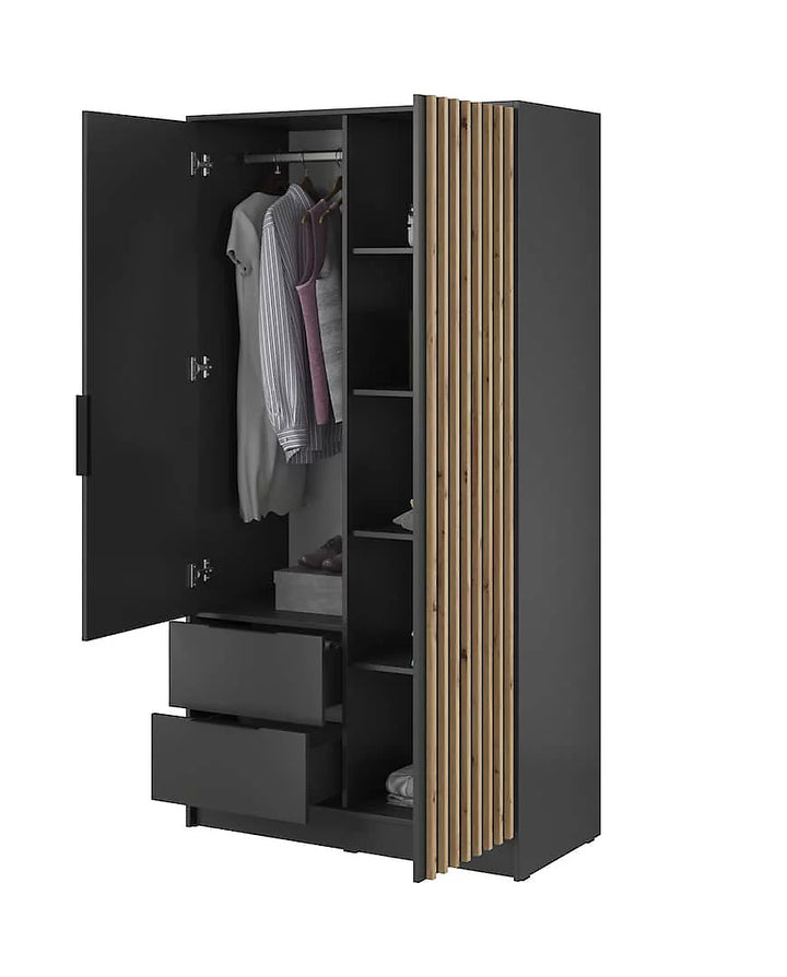 Nelly Contemporary Hinged 2 Door Wardrobe Graphite 2 Drawers 4 Shelves 1 Hanging Rail Lamela Decor