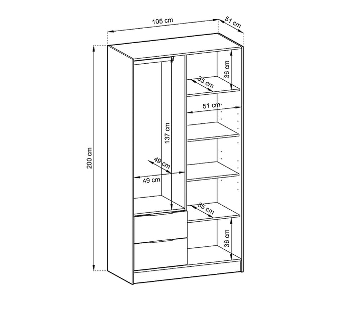 Nelly Contemporary Hinged 2 Door Wardrobe Graphite 2 Drawers 4 Shelves 1 Hanging Rail Lamela Decor