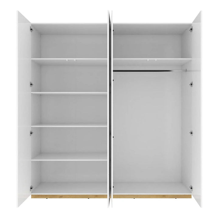 Futura Luxurious Sliding Door Wardrobe with Shelves and Hanging Rail in White Gloss & Oak Riviera