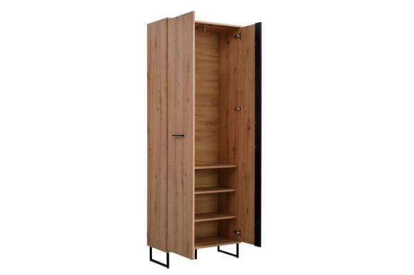 Wooden wardrobe with open doors on a white background
