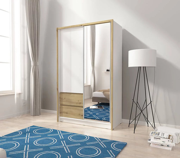 Sara Mirrred Wardrobe 134cm with Drawers in White and Oak Artisan