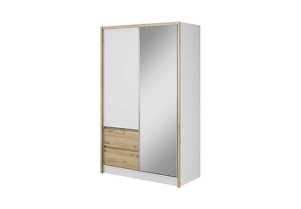 Sara Mirrred Wardrobe 134cm with Drawers in White and Oak Artisan