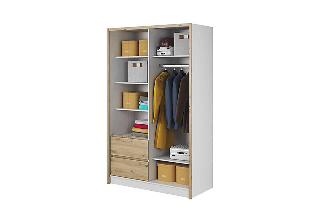 Sara Mirrred Wardrobe 134cm with Drawers in White and Oak Artisan