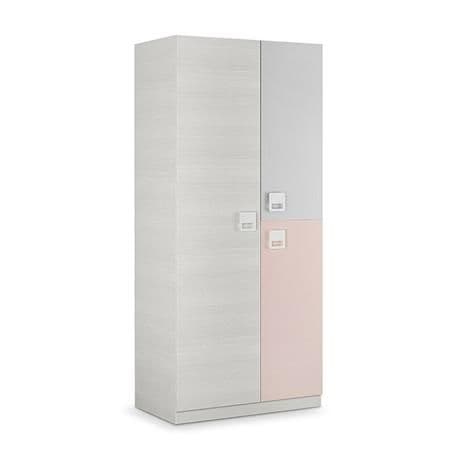 Two-tone wardrobe with light gray and pink doors on a white background
