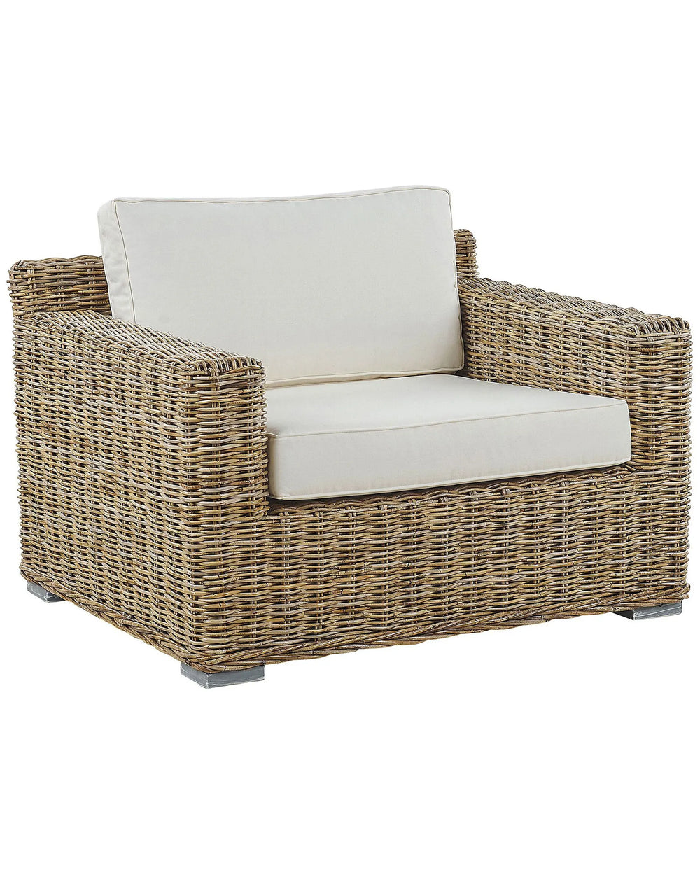Wicker armchair with white cushions on a white background