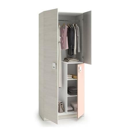 Closet with open doors showing clothes and shelves on a white background