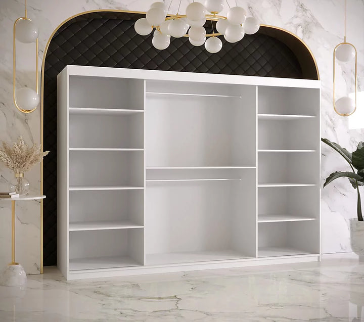 Ramiro II Contemporary 3 Sliding Door Wardrobe 9 Shelves 2 Rails White Matt 250cm