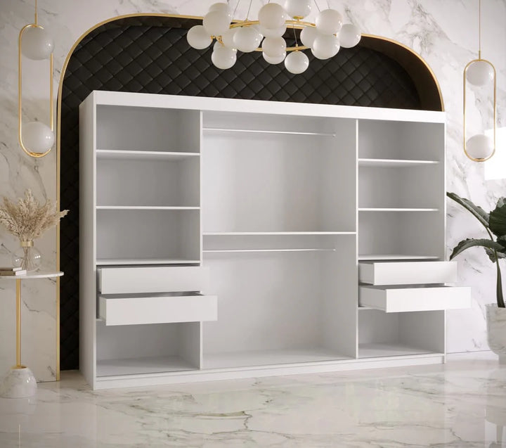Ramiro II Contemporary 3 Sliding Door Wardrobe 9 Shelves 2 Rails White Matt 250cm