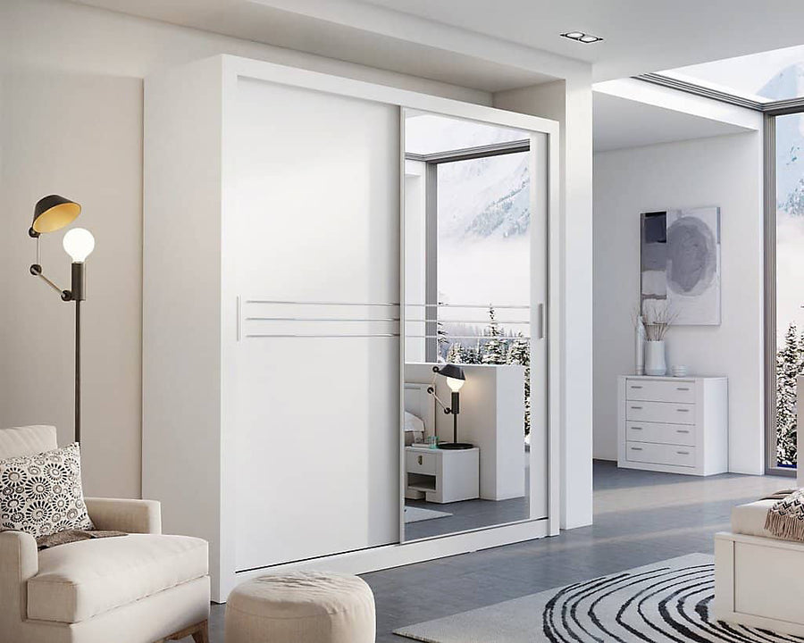 Havana Contemporary Mirrored Sliding 2 Door Wardrobe 9 Shelves 1 Rail White