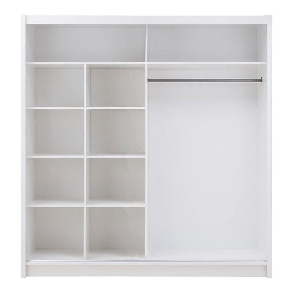 Havana Contemporary Mirrored Sliding 2 Door Wardrobe 9 Shelves 1 Rail White
