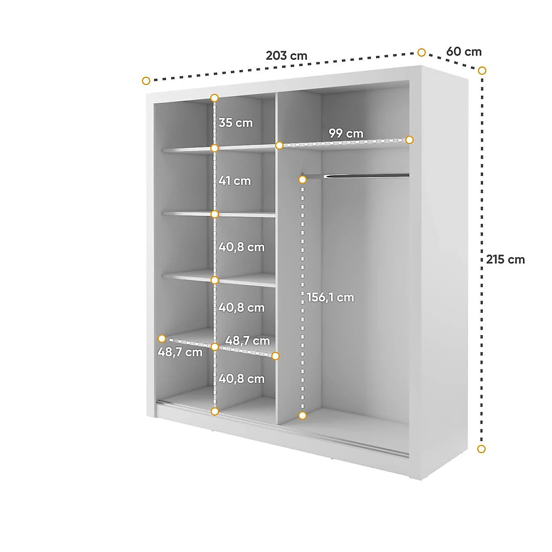 Havana Contemporary Mirrored Sliding 2 Door Wardrobe 9 Shelves 1 Rail White