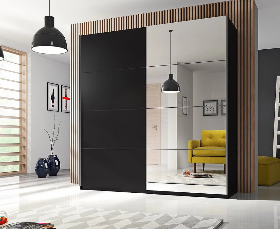 Beta Sliding Door Wardrobe - Sleek Black Matt with Mirrored Panels