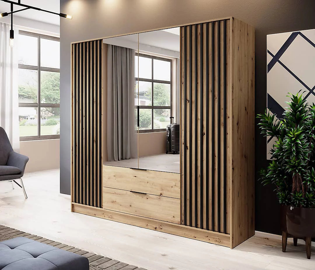 Nelly Contemporary Mirrored Hinged 4 Door Wardrobe Oak Effect 2 Drawers 8 Shelves 1 Rail Lamela Decor
