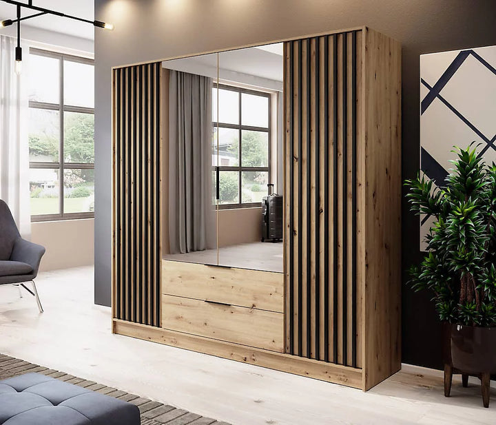 Nelly Contemporary Mirrored Hinged 4 Door Wardrobe Oak Effect 2 Drawers 8 Shelves 1 Rail Lamela Decor