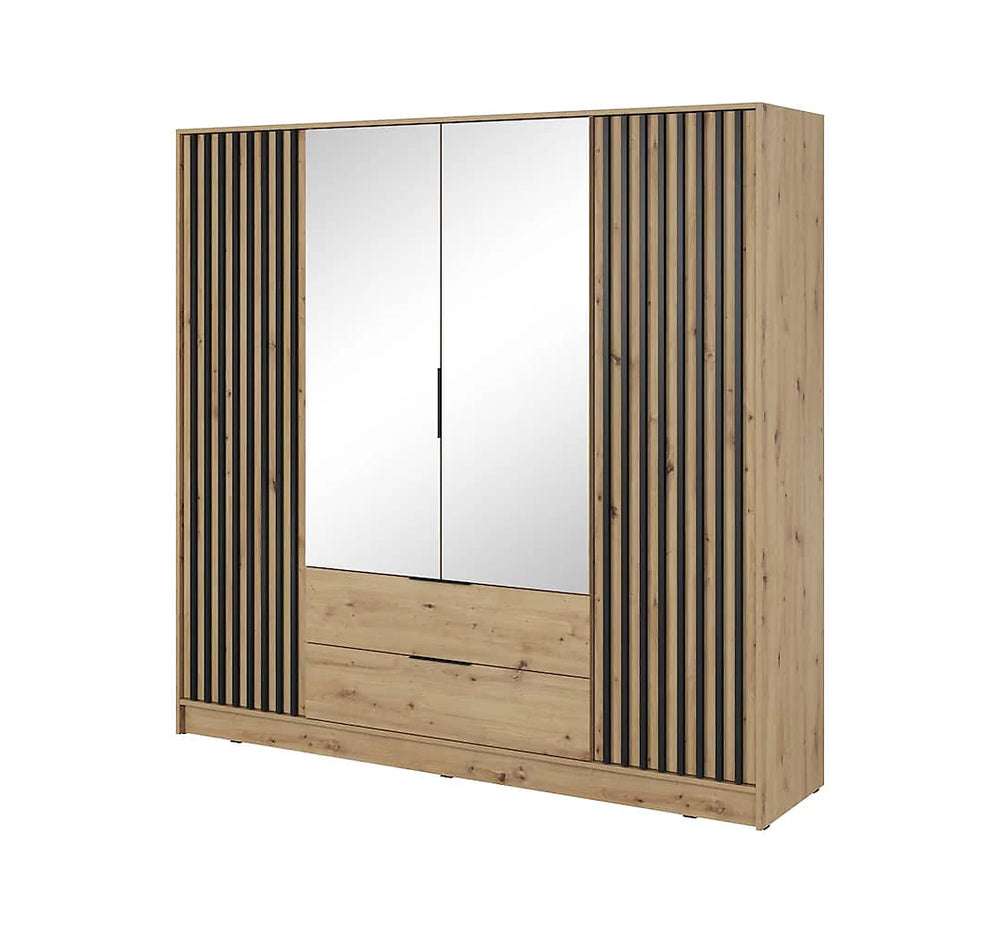 Nelly Contemporary Mirrored Hinged 4 Door Wardrobe Oak Effect 2 Drawers 8 Shelves 1 Rail Lamela Decor