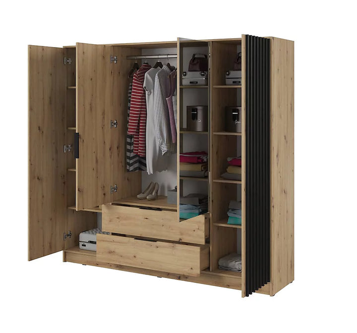 Nelly Contemporary Mirrored Hinged 4 Door Wardrobe Oak Effect 2 Drawers 8 Shelves 1 Rail Lamela Decor