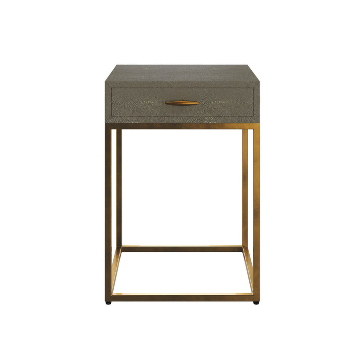 Side table with gray top and gold frame on a white background