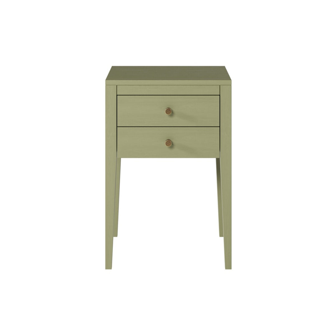 Green side table with two drawers on a white background
