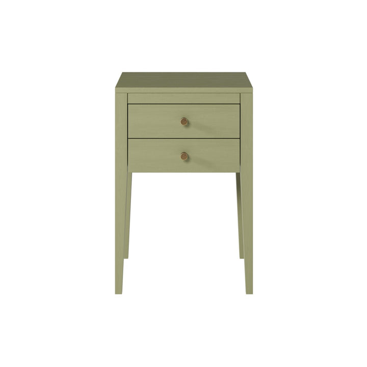 Green side table with two drawers on a white background