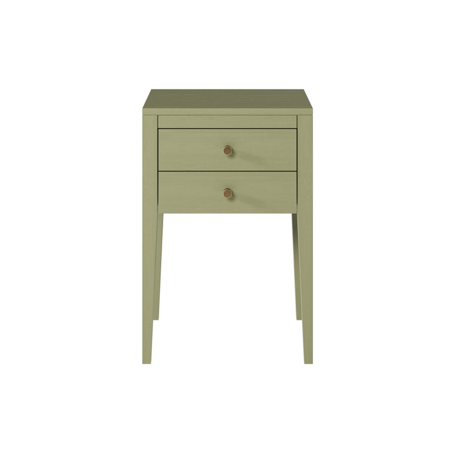 Green side table with two drawers on a white background