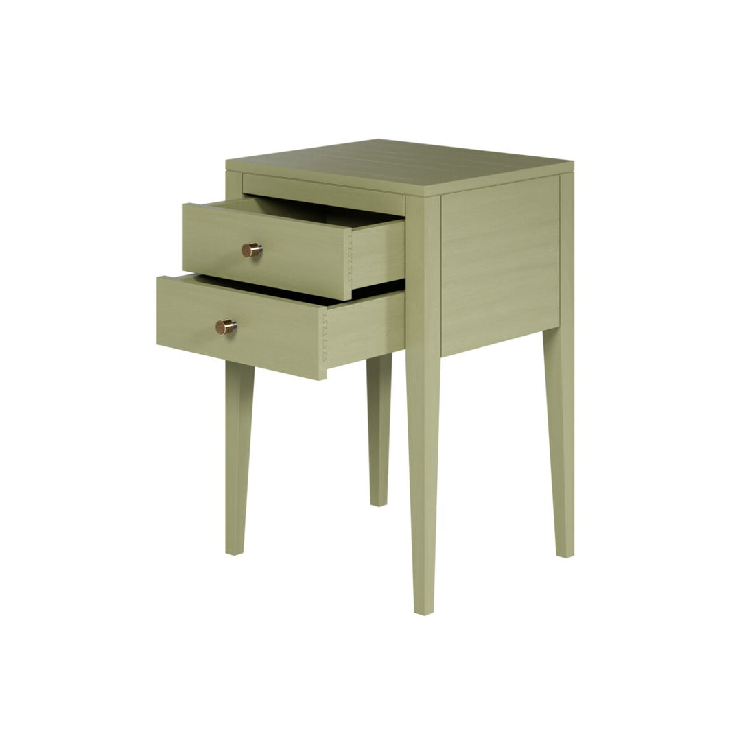 Green side table with two drawers on a white background