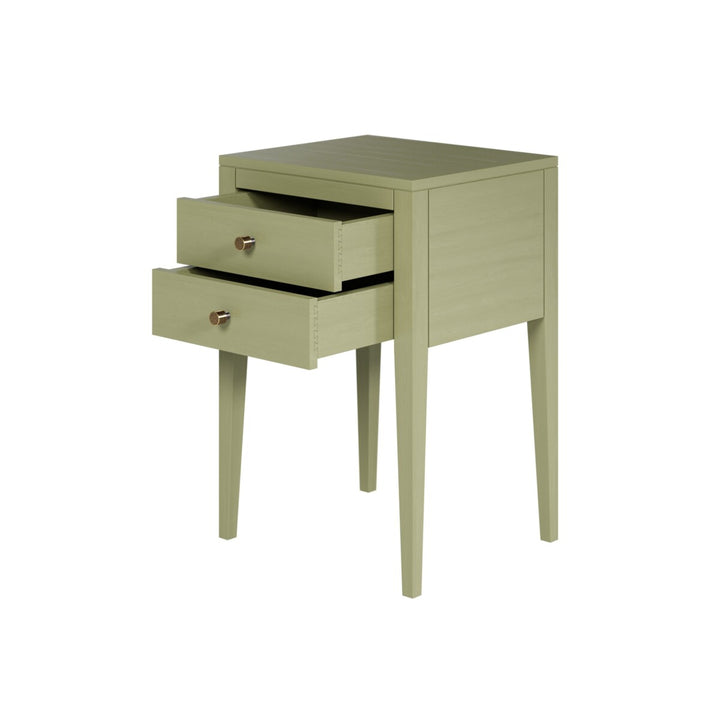 Green side table with two drawers on a white background