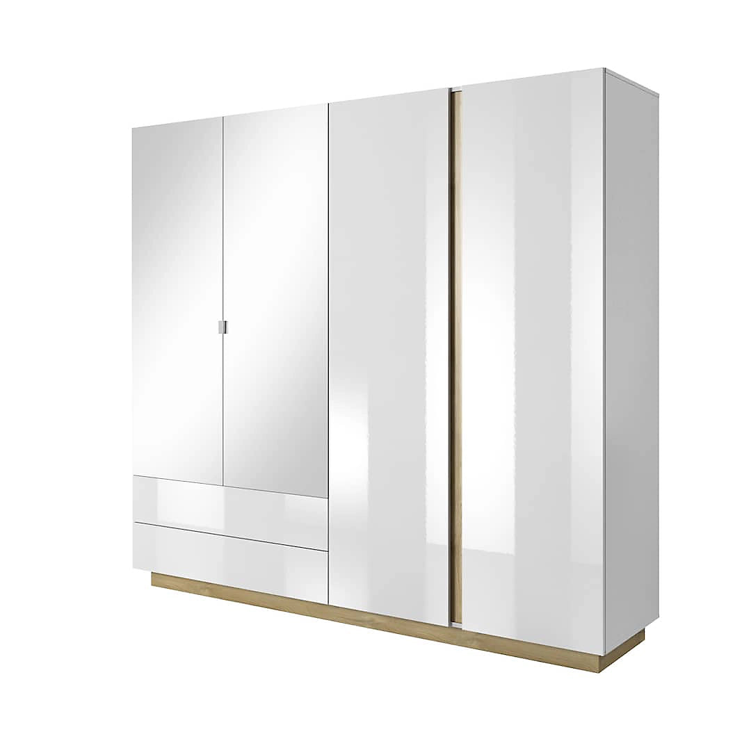 Arco Contemporary 4 Hinged Door Wardrobe 7 Shelves 2 Drawers 1 Rail White Gloss