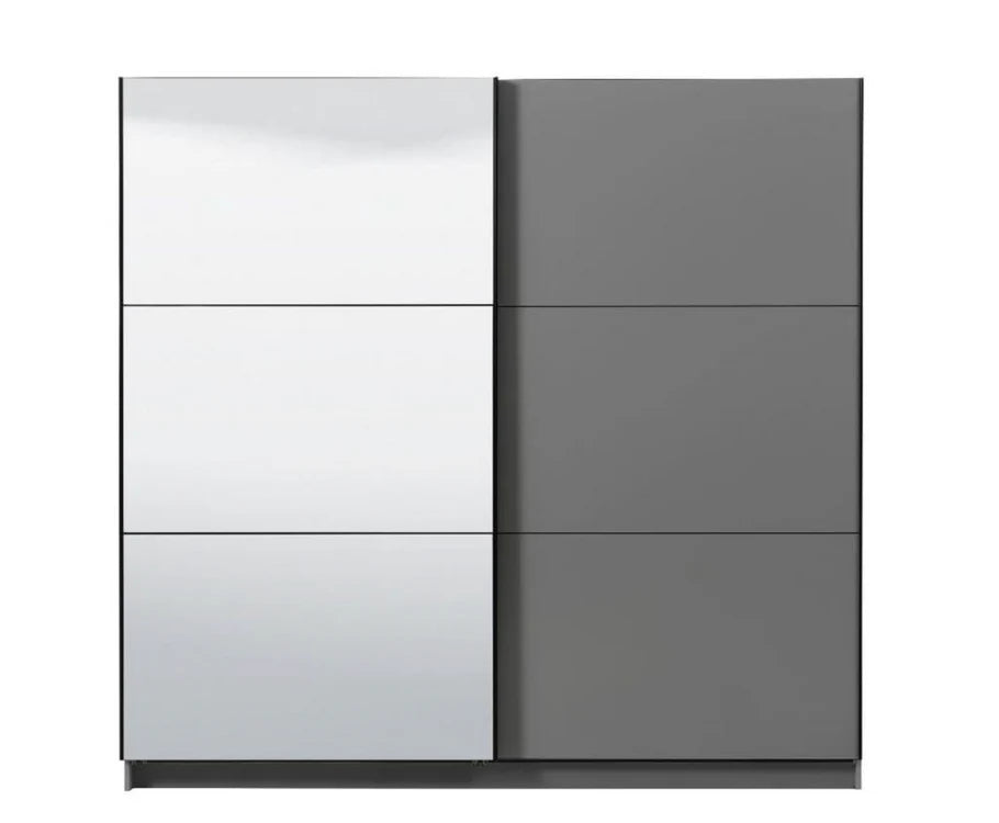 Modern wardrobe with two sliding doors, one mirror and one gray, on a white background.