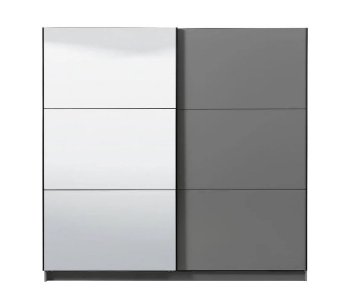 Modern wardrobe with two sliding doors, one mirror and one gray, on a white background.
