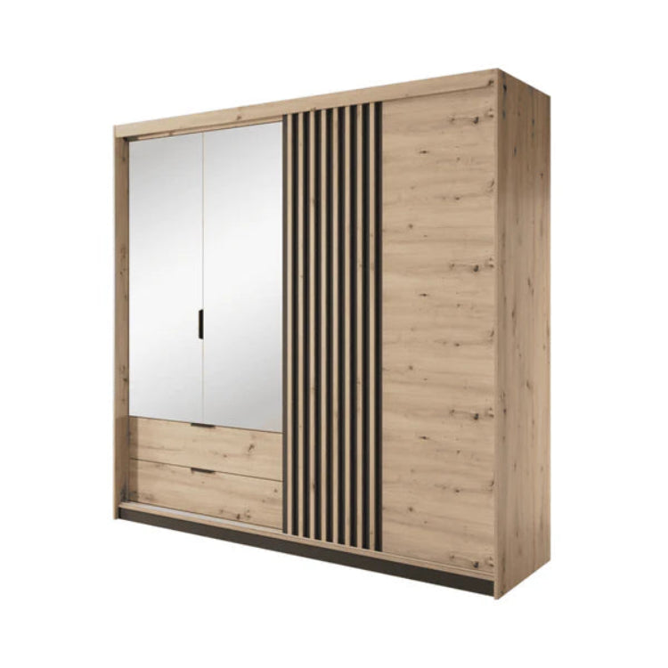 Tally Contemporary 4 Mirrored Hinged Door Wardrobe 4 Shelves 2 Drawers 2 Rails Artisan Oak Effect