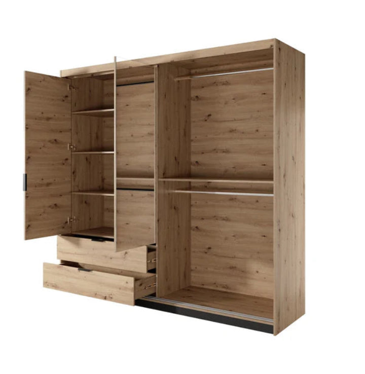 Tally Contemporary 4 Mirrored Hinged Door Wardrobe 4 Shelves 2 Drawers 2 Rails Artisan Oak Effect