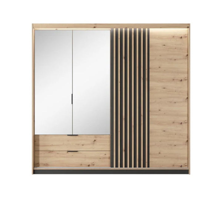 Tally Contemporary 4 Mirrored Hinged Door Wardrobe 4 Shelves 2 Drawers 2 Rails Artisan Oak Effect