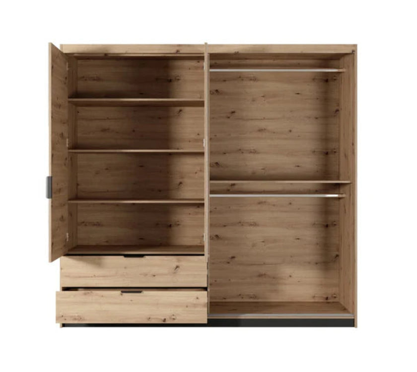 Tally Contemporary 4 Mirrored Hinged Door Wardrobe 4 Shelves 2 Drawers 2 Rails Artisan Oak Effect