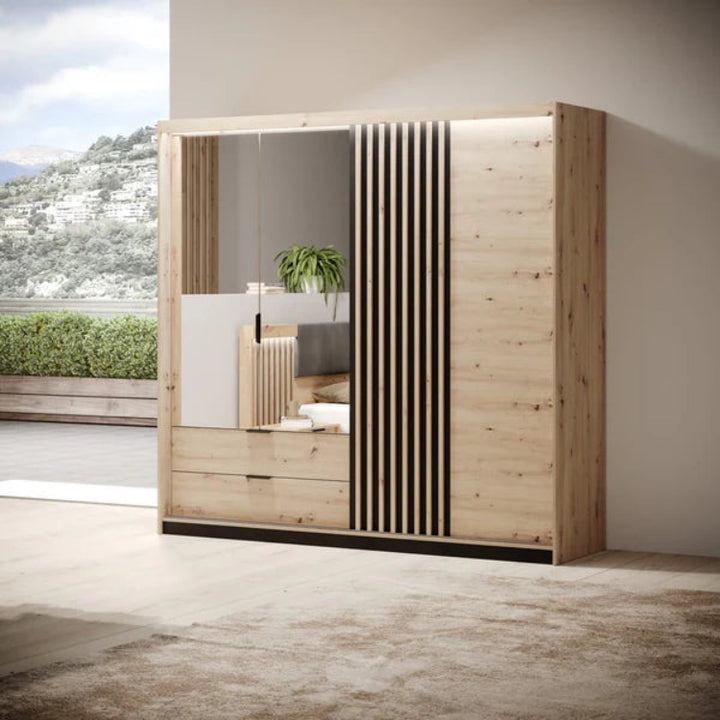 Tally Contemporary 4 Mirrored Hinged Door Wardrobe 4 Shelves 2 Drawers 2 Rails Artisan Oak Effect