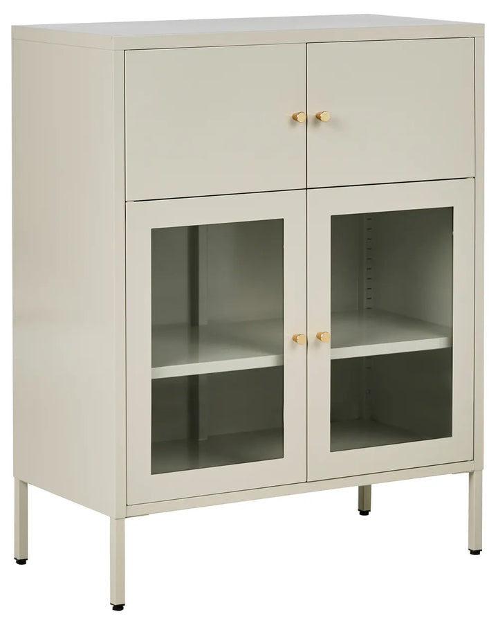 Beige storage cabinet with glass doors 