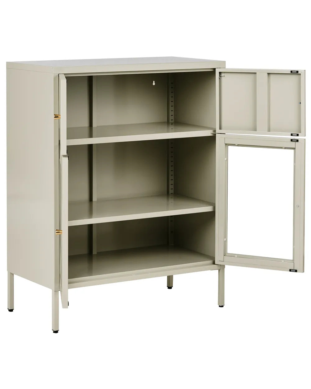 Beige storage cabinet with open doors 