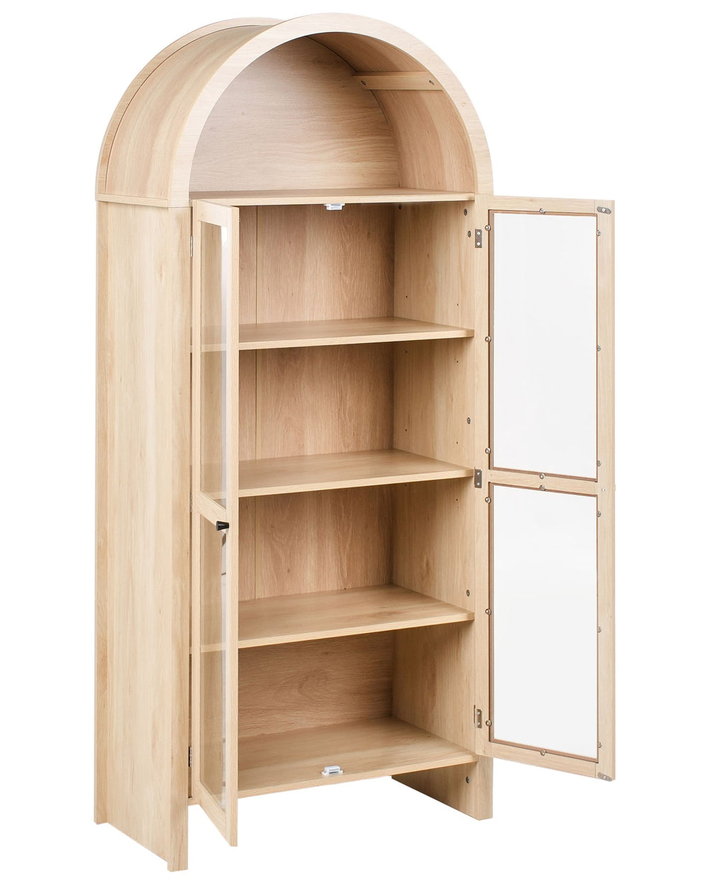 Wooden bookshelf with an open door on a white background
