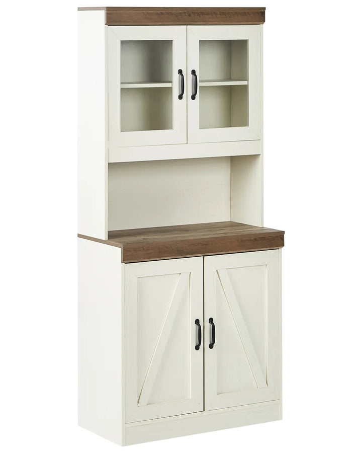 White kitchen cabinet with wooden top and doors 